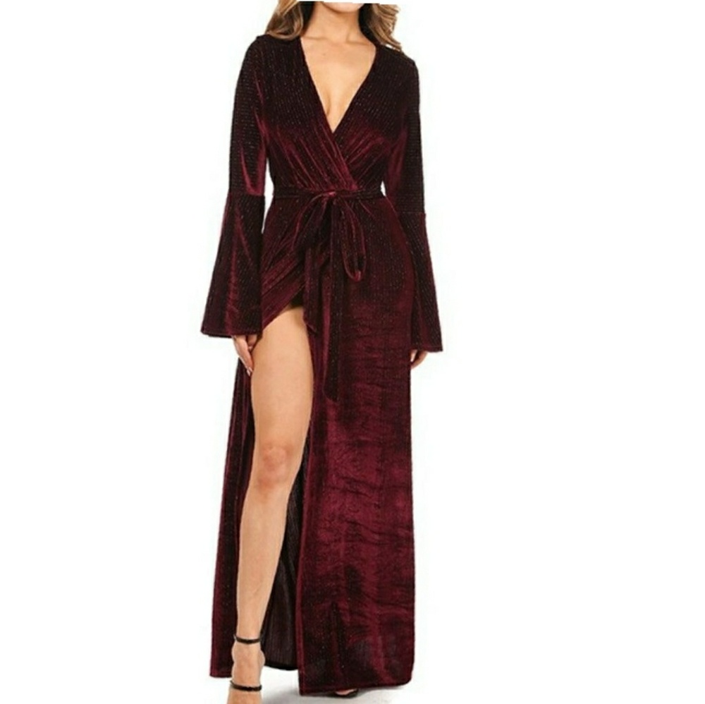 Velvet Wrap Maxi Dress in Burgundy